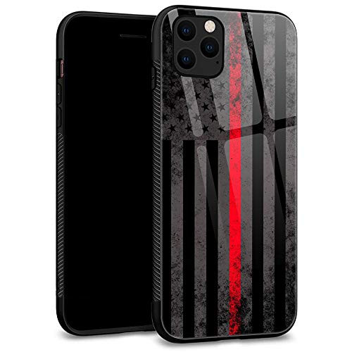 iPhone 11 Pro Max Case, Tempered Glass Back Shell Pattern Designed with Soft TPU Bumper Case for Apple iPhone 11 Pro Max Cases 6.5 inch - Black Grey red Flag