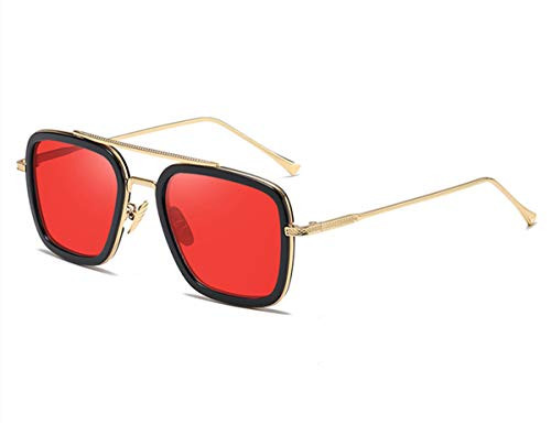 Retro Aviator Square Sunglasses for Men Women Metal Frame Gradient Flat Lens Tony Stark Sunglasses (Gold Frame/Red Lens)