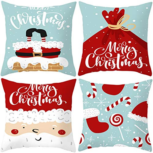 MIRUOC Christmas Pillow Covers 18 x 18 Inch Winter Holiday Decorative Throw Pillow Covers Merry Christmas Santa Claus Crutch Cartoon Cases Set of 4 for Home Couch Sofa Bed Decorations