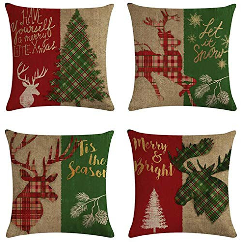 7COLORROOM Set Of 4 Christmas Decorations Pillowcases Farm Red/Green Buffalo Check Plaid Deer Christmas Tree Cushion Cover Farmhouse Decorative Cotton Linen Pillow Covers 18"x 18"(Red/Green Plaid Deer