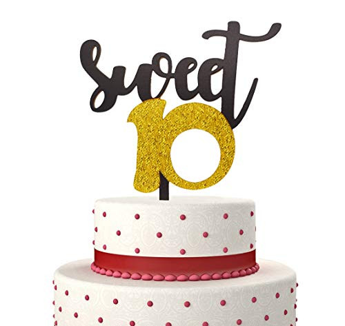 Sweet 10 Cake Topper for Happy 10th Birthday or Anniversary Party Decorations Ten Years Old 10th Birthday Acrylic Cake Decor (Gold & Black)