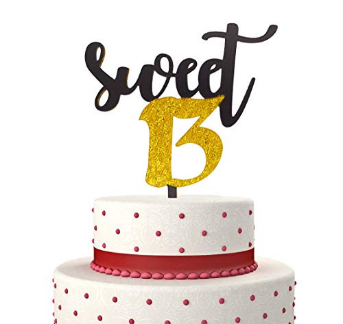 Sweet 13 Cake Topper for Happy 13th Birthday or Anniversary Party Decorations Thirteen Years Old 13th Birthday Acrylic Cake Decor (Gold & Black)