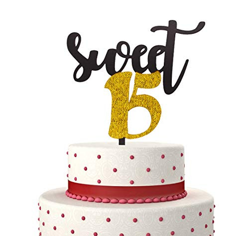 Sweet 15 Cake Topper for Happy 15th Birthday or Anniversary Party Decorations Fifteen Years Old 15th Birthday Acrylic Cake Decor (Gold & Black)