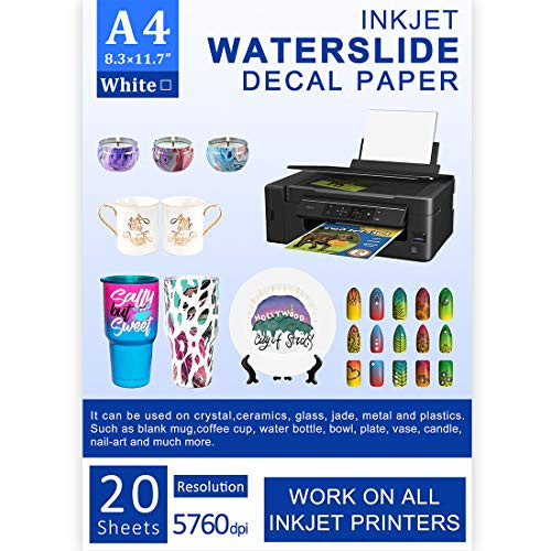 Water Slide Decal Paper Inkjet WHITE 20 Sheets A4 Size Premium Water-Slide Transfer Paper Printable Water Slide Decals for Tumblers, Mugs, Glasses DIY