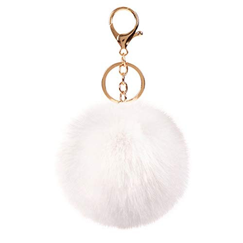Faux Rabbit Fur Ball Pom Pom Keychain for Car Key Ring Phone Handbag Charm Tote Pendant,White