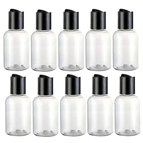 12PCS 50ML 1.7OZ Transparent Empty Plastic Bottle with Black Press Disk Top Cap Toner Lotion Makeup Water Essence Storage Holder Sample Jar Refillable Cosmetic Container for Travel Daily Life Use