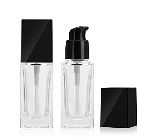 2PCS 30ml/1oz Clear Square Glass Pump Bottle With Black Pump Head And Cap Empty Refill Cosmetic Travel Sample Packing Containers Lotion Cleanser Essential Oils Liquids Body Cream Holder
