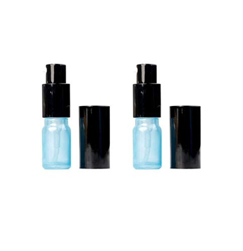 2PCS 5ml/0.17oz Empty Refillable Blue Glass Pump Press Bottle Lotion Dispenser Vials with Black Lid Portable Travel Cosmetic Packing Containers Jar Pot Holder Sample Storage for Emulsion Essence Serum
