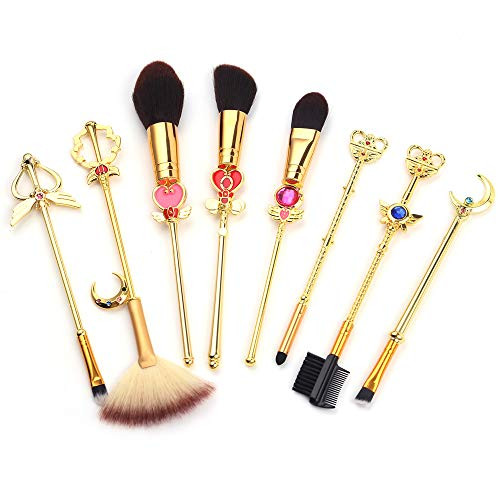Sailor Moon Makeup Brush 8pcs Set With Pouch, Magical Girl Gold/Rose Gold Cardcaptor Sakura Cosmetic Brushes With Cute Pink Bag (193g Gold)