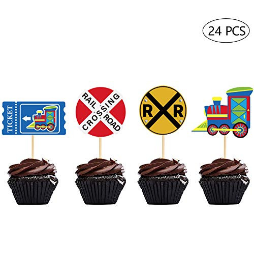 24Pcs Railroad Party Crossing Decoration Railroad Train Crossing Cupcake Toppers Steam Train Cupcake Picks for Birthday Party Railway Steam Train Theme Party