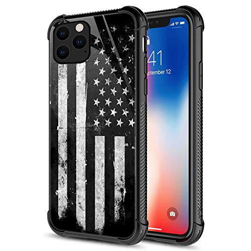 iPhone 11 Pro Max Case, Black and White Grunge American Flag iPhone 11 Pro Max Cases, Tempered Glass Back+Soft Silicone TPU Shock Protective Case for Apple iPhone 11 Pro Max