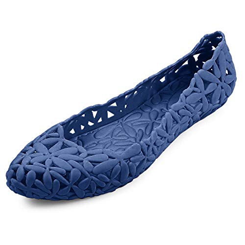 heipeiwa Women's Jelly Ballet Flat Sandals Plastic Hollowed Jelly Sandals Beach Shoes Blue