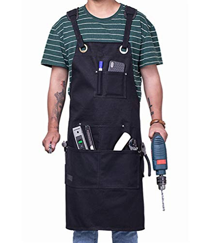 Work aprons for men,machinist apron,Tough blacksmith apron,Adjustable with Pockets canvas tool aprons (Black)
