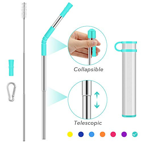 Collapsible Telescopic Straw Reusable Drinking Straws,Portable Stainless Steel Metal Straw Folding Final with Carrying Case&Cleaning Brush Keychain Carabiner&Silicone Tips for Travel-Turquoise Collapsible Telescopic Straw Reusable Drinking Straws,Portable Stainless Steel Metal Straw Folding Final with Carrying Case&Cleaning Brush Keychain Carabiner&Silicone Tips for Travel-Turquoise