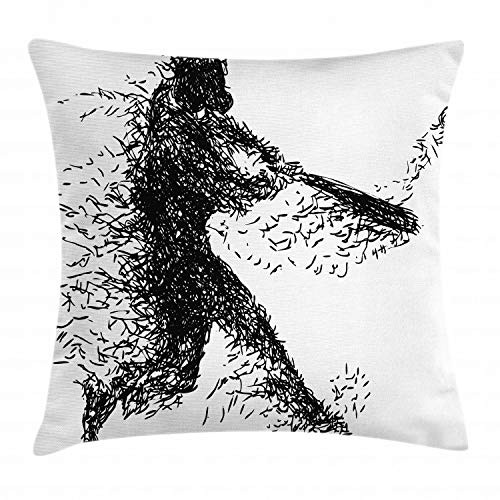Ambesonne Black and White Throw Pillow Cushion Cover, Abstract Illustration of a Baseball Player Posing Grunge, Decorative Square Accent Pillow Case, 16" X 16", Grey White