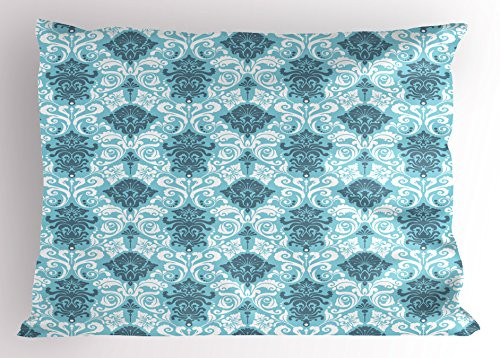 Ambesonne Damask Pillow Sham, Floral Ornament Damask Pattern Timeless Silhouette Flourish Retro Art Design, Decorative Standard Queen Size Printed Pillowcase, 30" X 20", White Grey