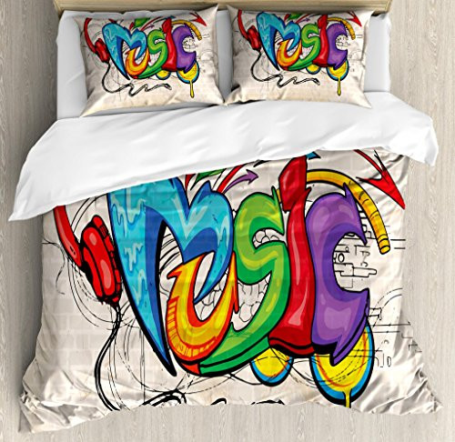 Ambesonne Music Duvet Cover Set, Illustration of Graffiti Style Lettering Headphones Hip Hop Theme on Beige Bricks, Decorative 3 Piece Bedding Set with 2 Pillow Shams, King Size, Tan Green