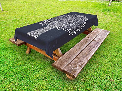 Lunarable Tree of Life Outdoor Tablecloth, Doodle Tree Illustration Oriental Harmonious Design Mother Nature, Decorative Washable Picnic Table Cloth, 58" X 84", White Grey