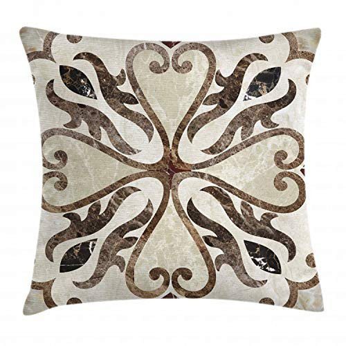 Lunarable Abstract Throw Pillow Cushion Cover, Nostalgic Floor Motif with Swirled Floral Heart Shaped Artwork Print, Decorative Square Accent Pillow Case, 36" X 36", Beige Brown