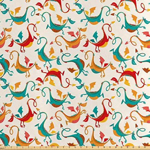 Lunarable Dragon Fabric by The Yard, Multicolor Flying Smiling Dragons Illustration Cartoon Style Funny Looking Dinos, Decorative Satin Fabric for Home Textiles and Crafts, 1 Yard, Pastel Rainbow