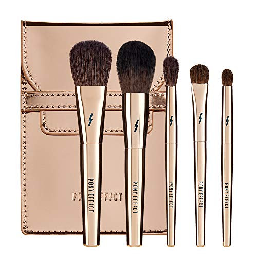 PONY EFFECT Mini Makeup Brush Set 3.4oz | 5 Must-Have Brush Set with Travel Pouch | K-beauty