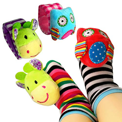 COSMARK Baby Wrist Rattles, Infant Baby Animal Wrist Rattles and Foot Finder Socks Set - Educational Development Toys Shower Gift with Owl and Calf (4 Packs)