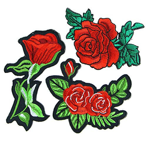 ?????? 3 Patches - Wild Rose Flower Embroidered Iron/Sew On Applique Patch