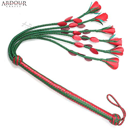 18 Inches Whip and 18 Inches Flogger Tails Genuine and Real Leather Flogger Whip Red Rose