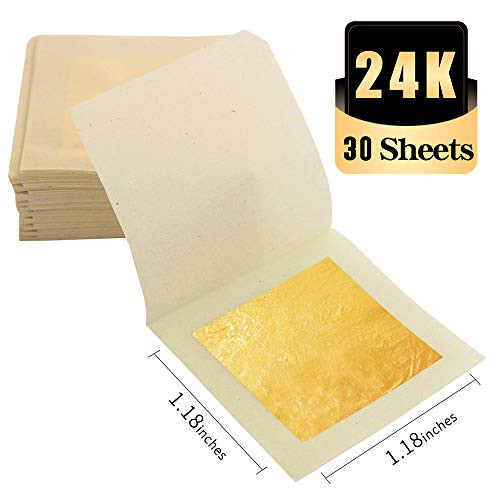 KINNO Edible Gold Leaf Sheets 30 Sheets 1.2" x 1.2" 24K Yellow Real Gold for Makeup, Spa, Crafts, Gilding, Art, Bakery Food and Drink Decorations- Cake, Dessert, Coffee or Wine