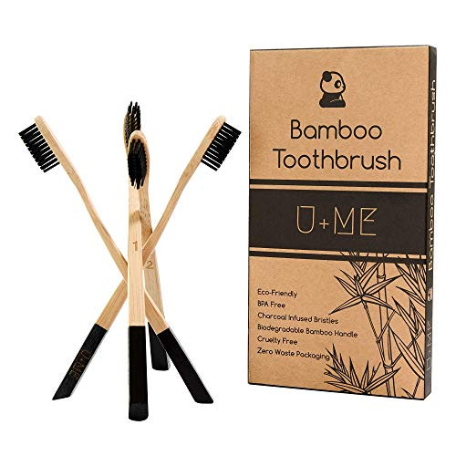 U+ME Bamboo Toothbrush 4 Pack | Charcoal Wooden Toothbrush | Eco Friendly | Zero Waste | Vegan | Sustainable | Natural | Black Toothbrush Bristles