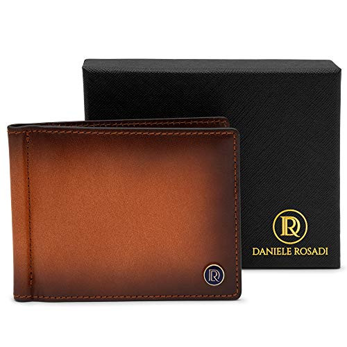 Daniele Rosadi - Mens Bifold Wallet, Full Grain Leather, with Money Clip, Brown Cognac - Slim Front Pocket Wallet for Men with Card and Cash Holder - Stylish, Sleek, Classic Style Bifolds