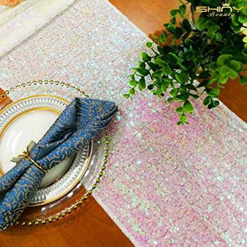 Iridescent White Sequin Table Runner-14" x 108" Sequin Tablecloth Wholesale Sequin Table Cloths Sequin Linens (Iridescent White)