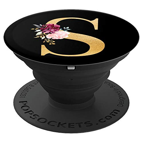 Pink Rose Flowers Monogram Floral Initial Letter S On Black PopSockets Grip and Stand for Phones and Tablets