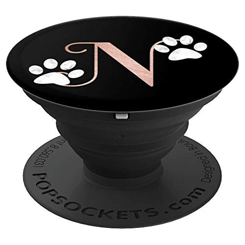 Letter N rose pink, white cat, dog paw monogram, initial N PopSockets Grip and Stand for Phones and Tablets