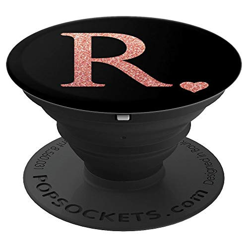 Heart, Rose Pink Letter R Initial Monogram, Black, Cute PopSockets Grip and Stand for Phones and Tablets