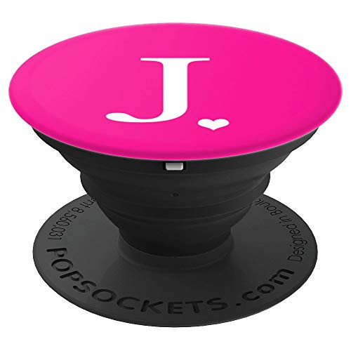 White Initial Letter J heart Monogram on Hot Pink PopSockets Grip and Stand for Phones and Tablets
