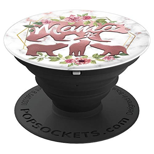 Mama Bear Three Cubs Mom Pink Rose Marble Watercolor Floral PopSockets Grip and Stand for Phones and Tablets