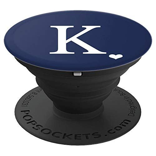 White Initial Letter K heart Monogram on Navy Blue PopSockets Grip and Stand for Phones and Tablets