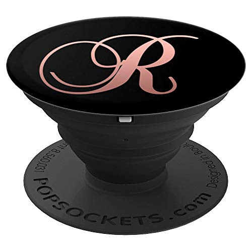Rose Pink Letter R Initial Monogram, Fancy, Black PopSockets Grip and Stand for Phones and Tablets