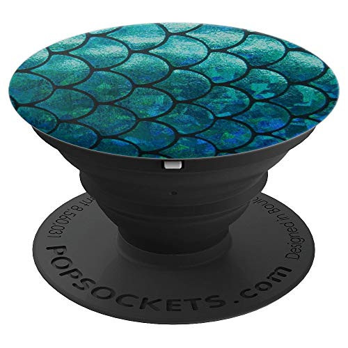 Teal & Turquoise Mermaid Scales Dragon on Black PopSockets Grip and Stand for Phones and Tablets