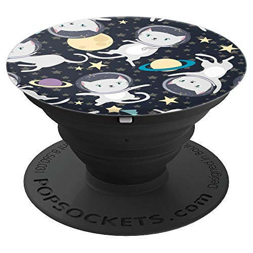 Cute Catstronaut Grey Kitties Pattern In Space Stars Planets PopSockets Grip and Stand for Phones and Tablets