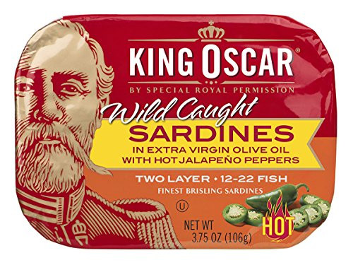 King Oscar Wild Caught Sardines in Extra Virgin Olive Oil, Hot Jalapeno Peppers, 3.75 Ounce (Pack of 12)