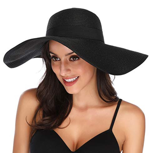 Lanzom Womens Wide Brim Straw Hat Floppy Foldable Roll up Cap Beach Sun Hat UPF 50+ (Style C-Black)