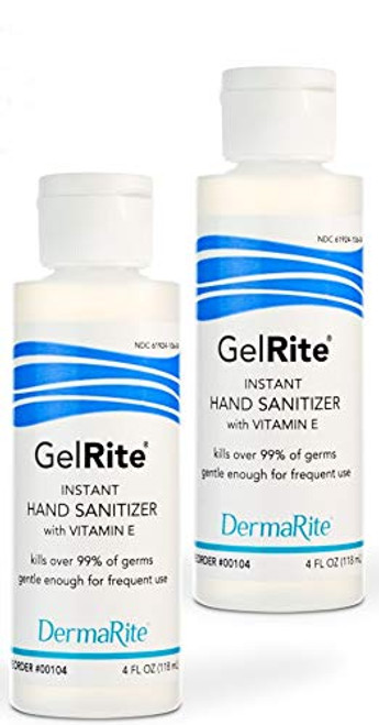 GelRite Instant Hand Sanitizer Gel 4 Ounce Travel Size, 2 Pack - Rinse Free, Waterless - Moisturizing Formula, Vitamin E Enriched, 65% Alcohol, No Sticky Residue - Instant Germ Eliminator