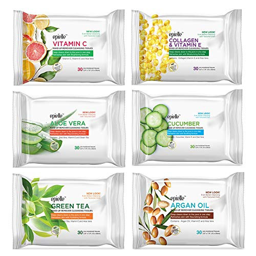 Epielle New Make-Up Remover Cleansing Tissues, 30 Count (Assorted 6 Pack) 1-Vitamin C, 1-Collagen & Vitamin E, 1-Aloe Vera, 1-Cucumber, 1-Green Tea, 1-Argan Oil