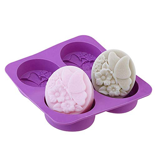 Echodo 4 Cavities Oval Butterfly Flower Silicone Soap Mold DIY Handmade Silicone Molds for Soap Candle Bath Bomb Lotion Bar Cold Process Making Supplies