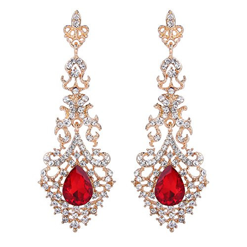 BriLove Wedding Bridal Dangle Earrings for Women Crystal Hollow Teardrop Chandelier Earrings Ruby Color Gold Toned