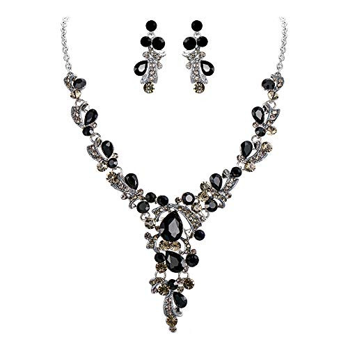 BriLove Wedding Bridal Necklace Earrings Jewelry Set for Women Crystal Leaf Vine Teardrop Hollow Statement Necklace Dangle Earrings Set Grey Black Silver-Tone BriLove Wedding Bridal Necklace Earrings Jewelry Set for Women Crystal Leaf Vine Teardrop Hollow Statement Necklace Dangle Earrings Set Grey Black Silver-Tone