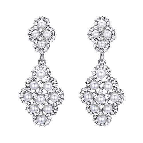 BriLove Wedding Bridal Clip On Earrings for Women Rhombus Crystal Simulated Pearl Hollow Chandelier Dangle Earrings Clear Silver-Tone