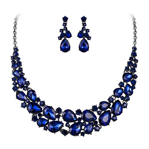 BriLove Wedding Bridal Necklace Earrings Jewelry Set for Women Austrian Crystal Multi Teardrop Cluster Statement Necklace Dangle Earrings Set Navy Blue Sapphire Color Black-Silver-Tone